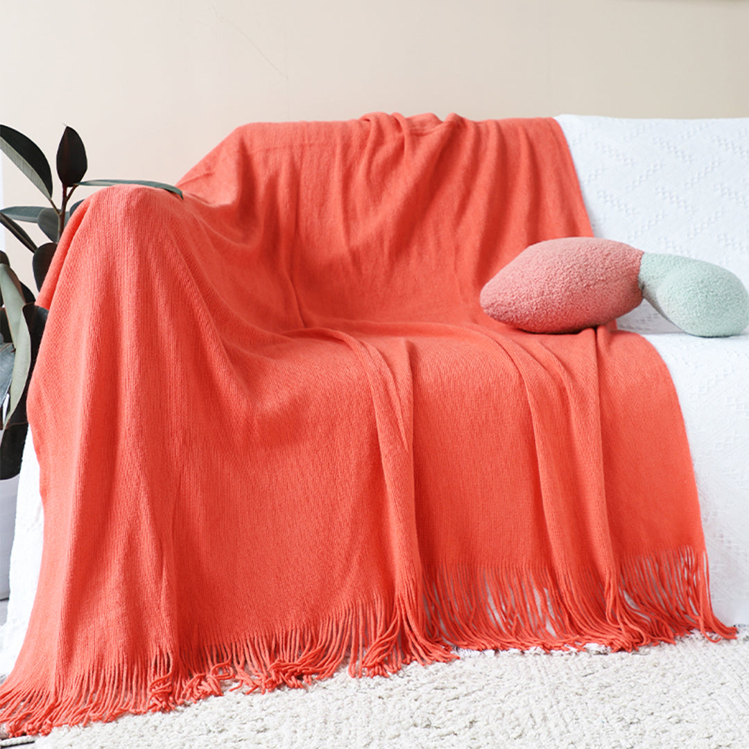 SOGA 2X Orange Acrylic Knitted Throw Blanket Solid Fringed Warm Cozy Woven Cover Couch Bed Sofa Home Decor