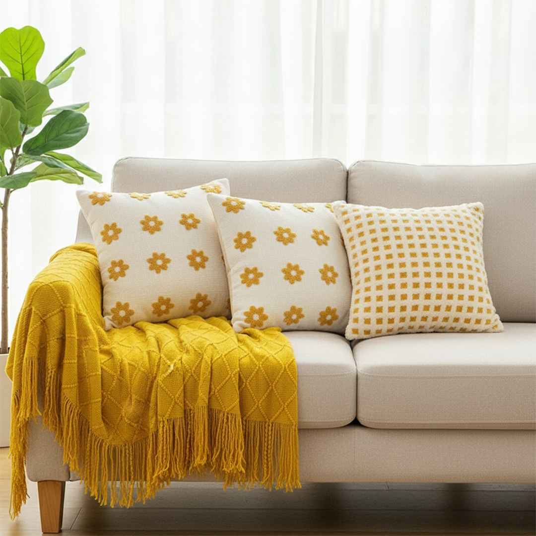 SOGA Yellow Diamond Throw with Tassels + Retro Daisy & Polka Dot Pillowcases – Cozy Home Decor Set