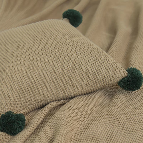 SOGA 2X 45cm Ribbed Knit Pillowcase with Forest Green Pom-Poms – Warm Beige Cushion Covers