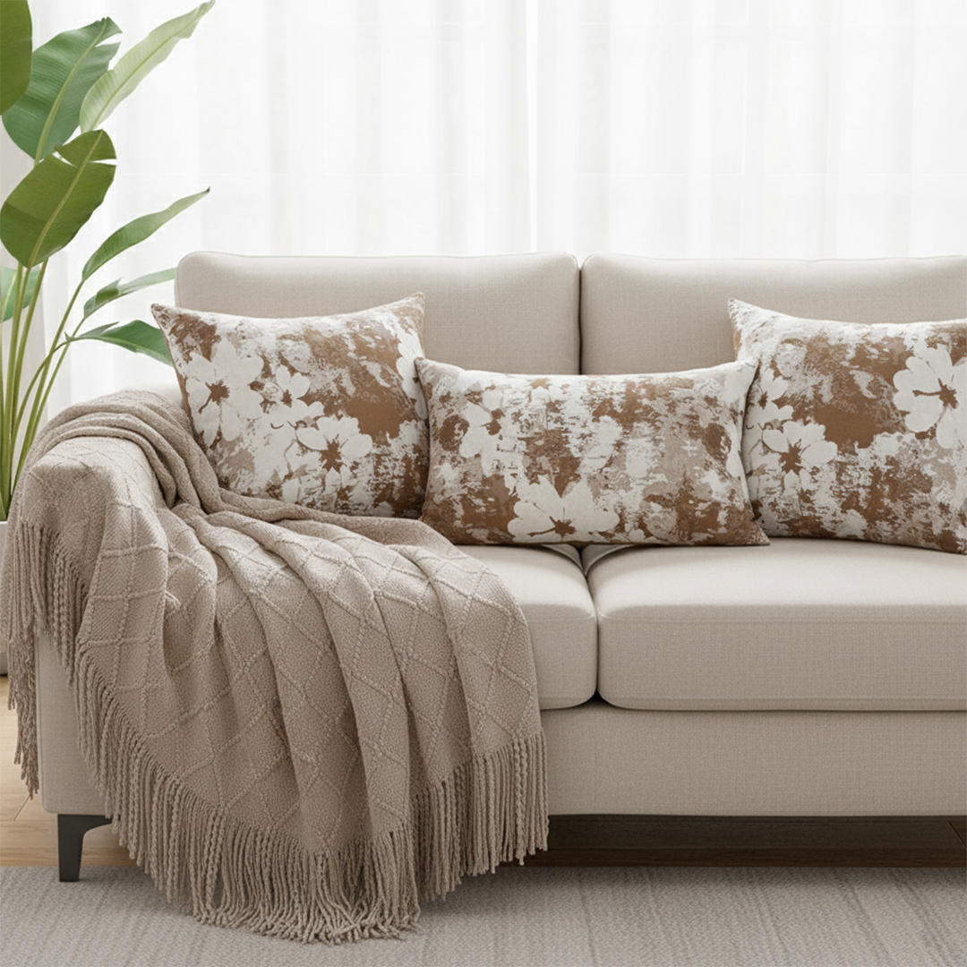SOGA 4PC Set – Coffee Diamond Knitted Throw with Tassel + Rustic Bloom Pillowcases – Cozy Elegant Decor
