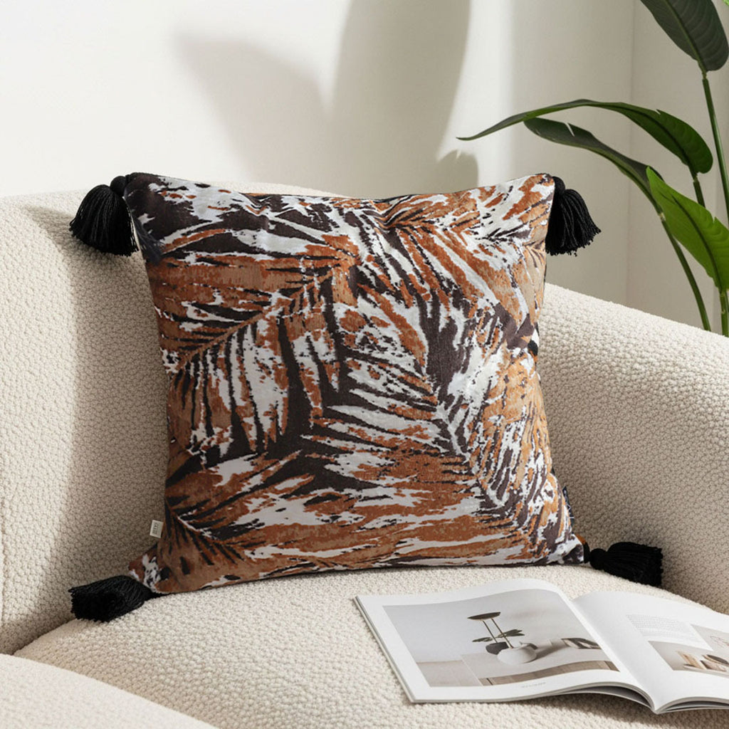 SOGA 45cm Velvet Brown/Black/Ivory Leaf Print Polyester Cushion Cover with Tassels