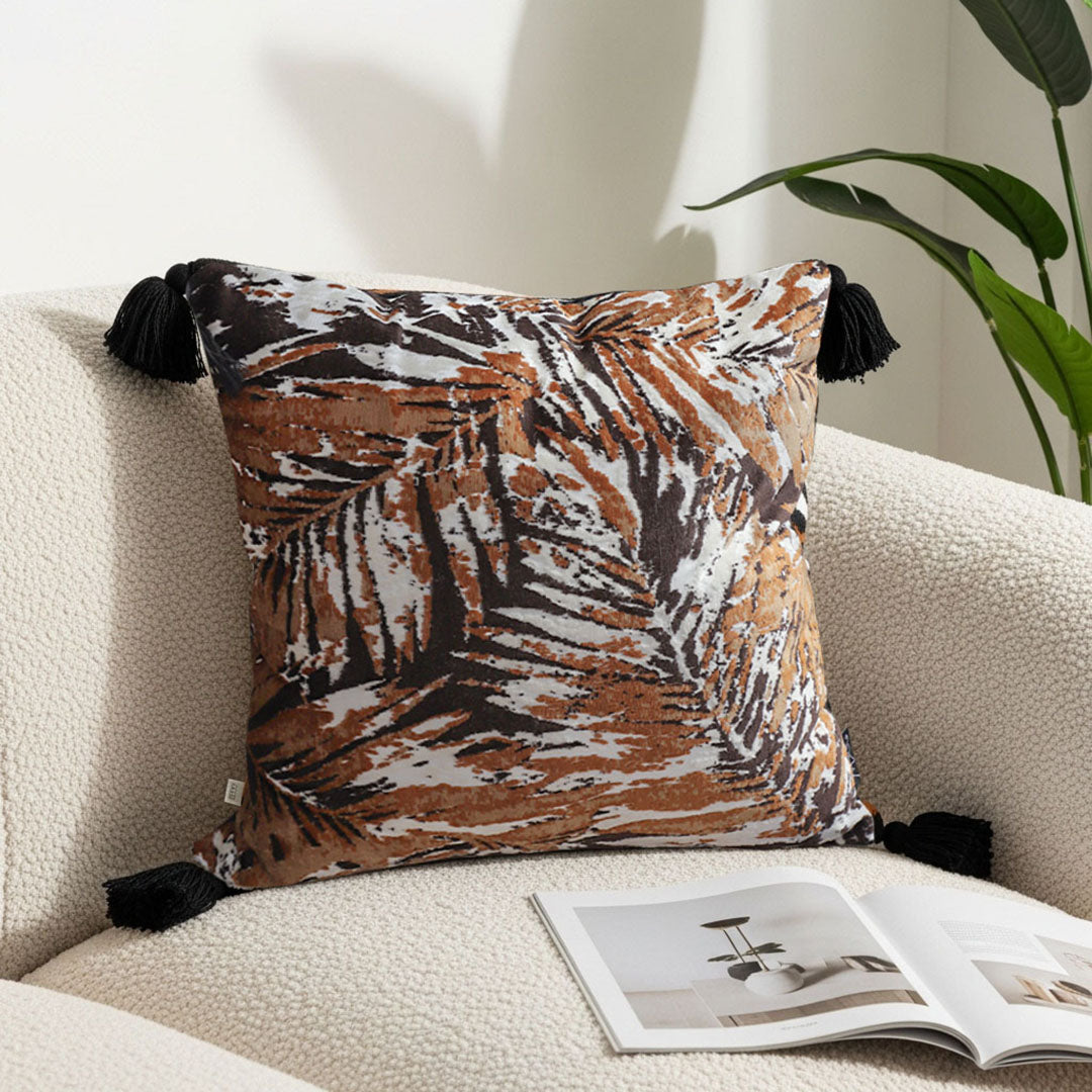 SOGA 45cm Velvet Brown/Black/Ivory Leaf Print Polyester Cushion Cover with Tassels