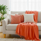 SOGA 5PC Set – Orange Knitted Throw with Fringes + Coral Polka Dot & Cream Tassel Pillowcases – Cozy Home Decor