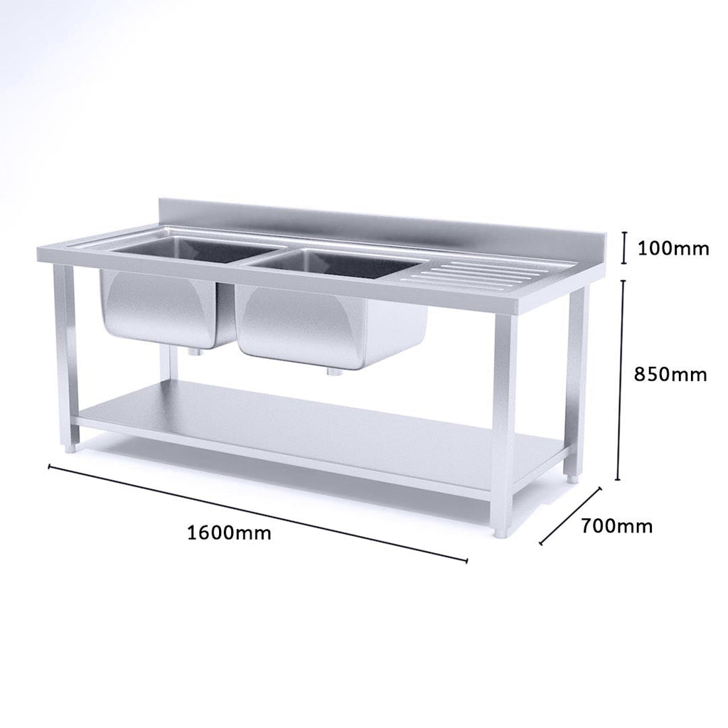 SOGA Stainless Steel Double Sink Bowl Work Bench Commercial Restaurant Food Prep Table 160*70*85cm