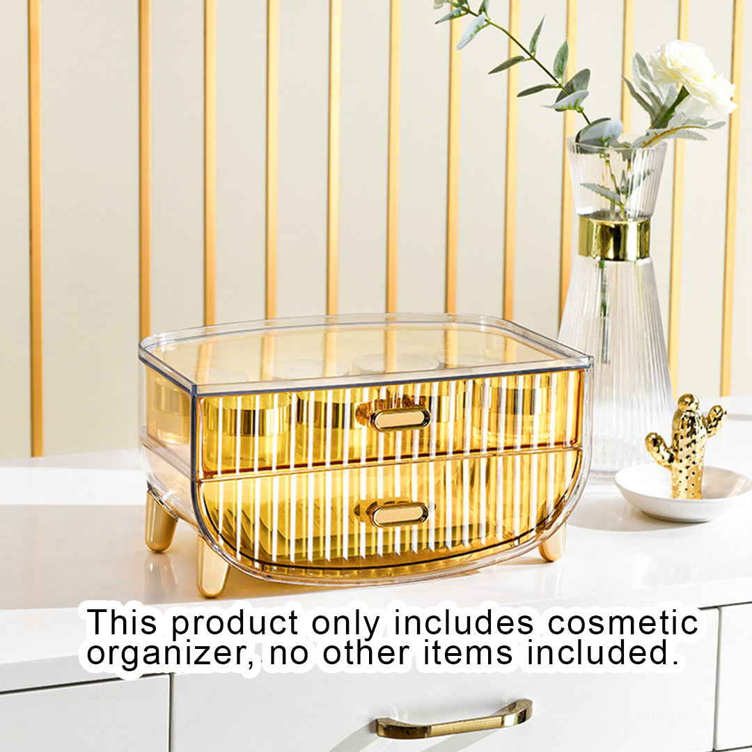 SOGA 2 Tier Golden Yellow Multifunctional Countertop Cosmetic Storage Makeup Skincare Holder Jewelry Cabinet Bathroom Desk Drawer Vanity Organiser