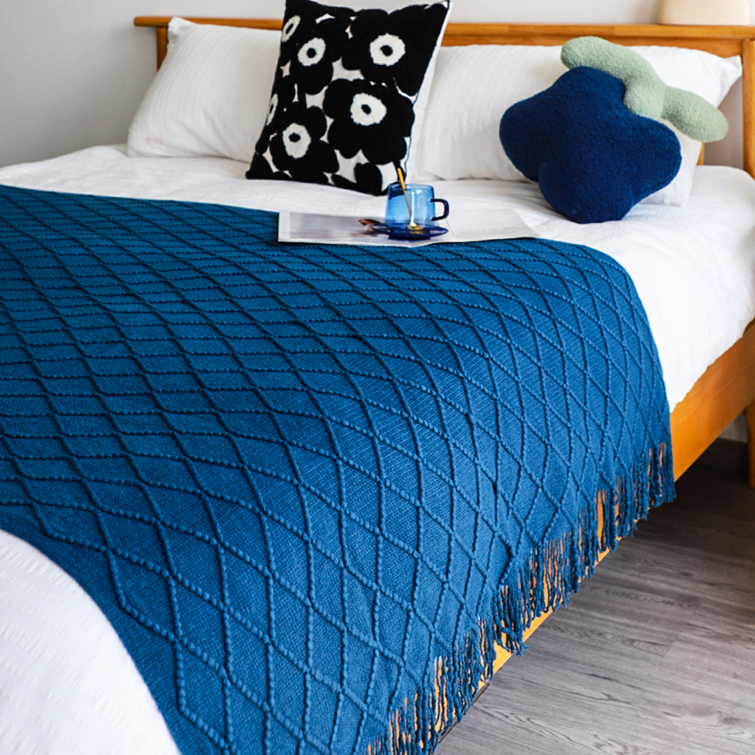 SOGA 2X Diamond Pattern Knitted Throw Blanket – Warm Cozy Woven Cover with Tassels for Couch, Bed, Sofa, Home Decor, Royal Blue