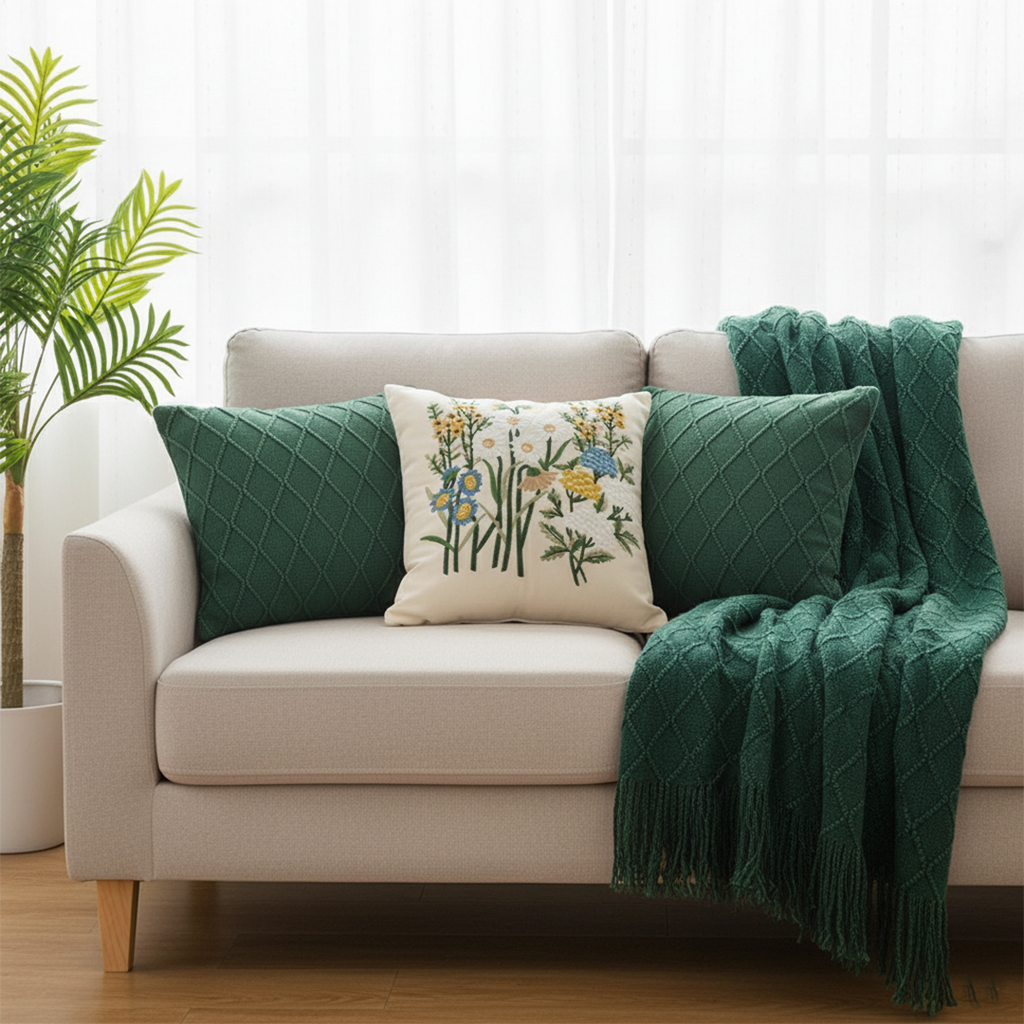 SOGA 4PC Cozy Green Set – Diamond Knit Throw Blanket with Forest Green & Botanical Garden Pillow Covers