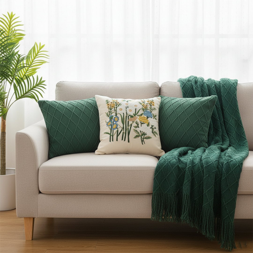 SOGA 4PC Cozy Green Set – Diamond Knit Throw Blanket with Forest Green & Botanical Garden Pillow Covers