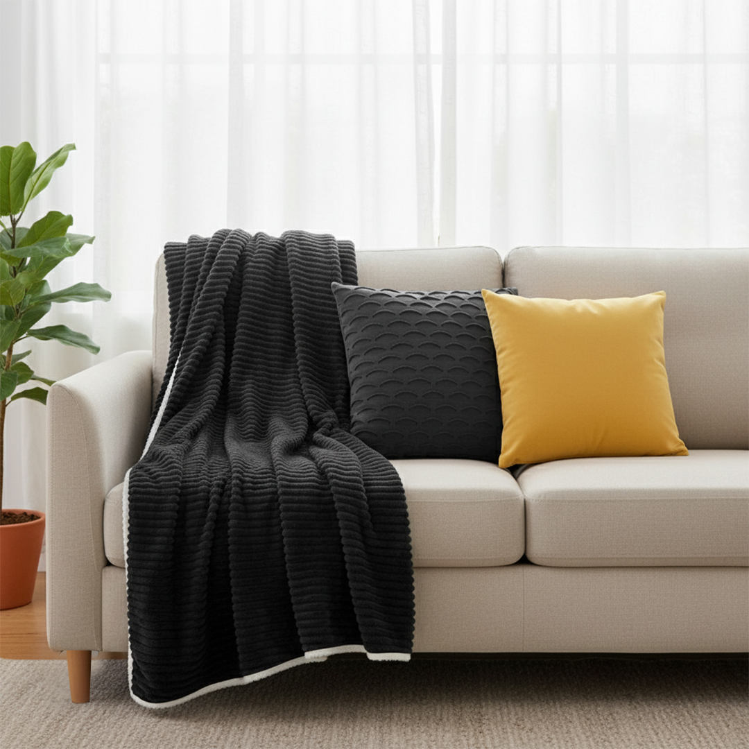 SOGA 3PC Cozy Set – Flannel Throw Blanket with Pillow Covers (Scalloped Charcoal & Golden Velvet Design)