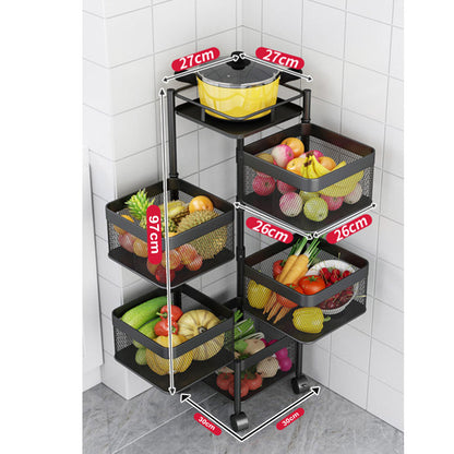 SOGA 5 Tier Steel Square Rotating Kitchen Cart Multi-Functional Shelves Portable Storage Organizer with Wheels