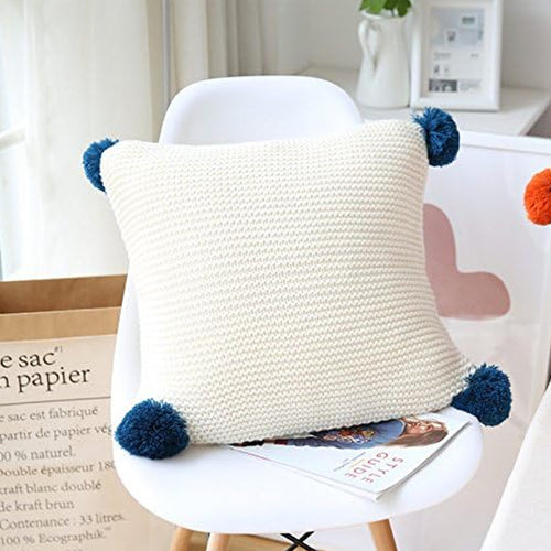 SOGA 2X 45cm Cream White Ribbed Knit Pillowcase with Blue and Yellow Pom-Poms – Modern Coastal Cushion Covers