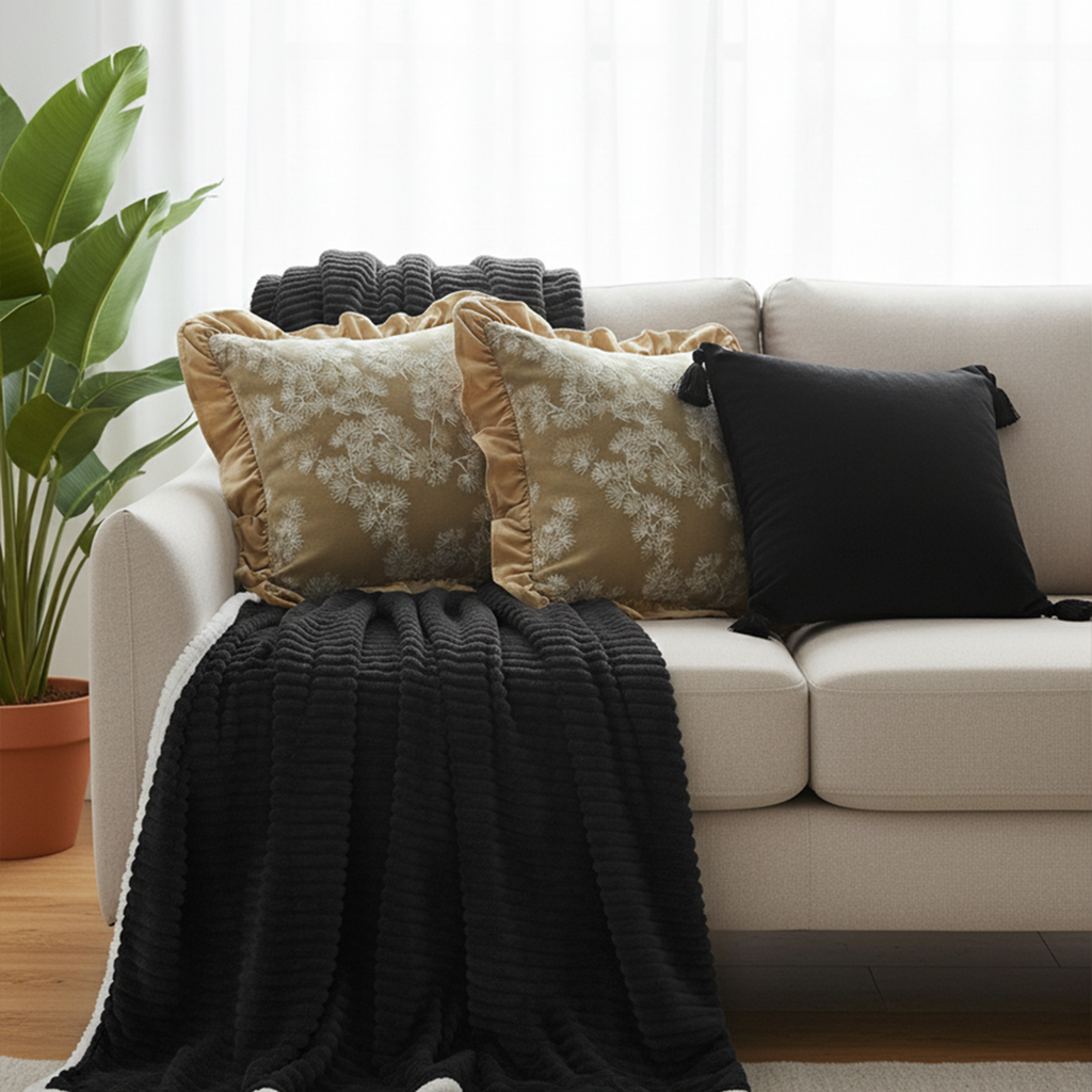 SOGA 5PC Set – Flannel Throw Blanket + Black Art Deco & Champagne Floral Ruffle Pillowcases – Cozy Decor