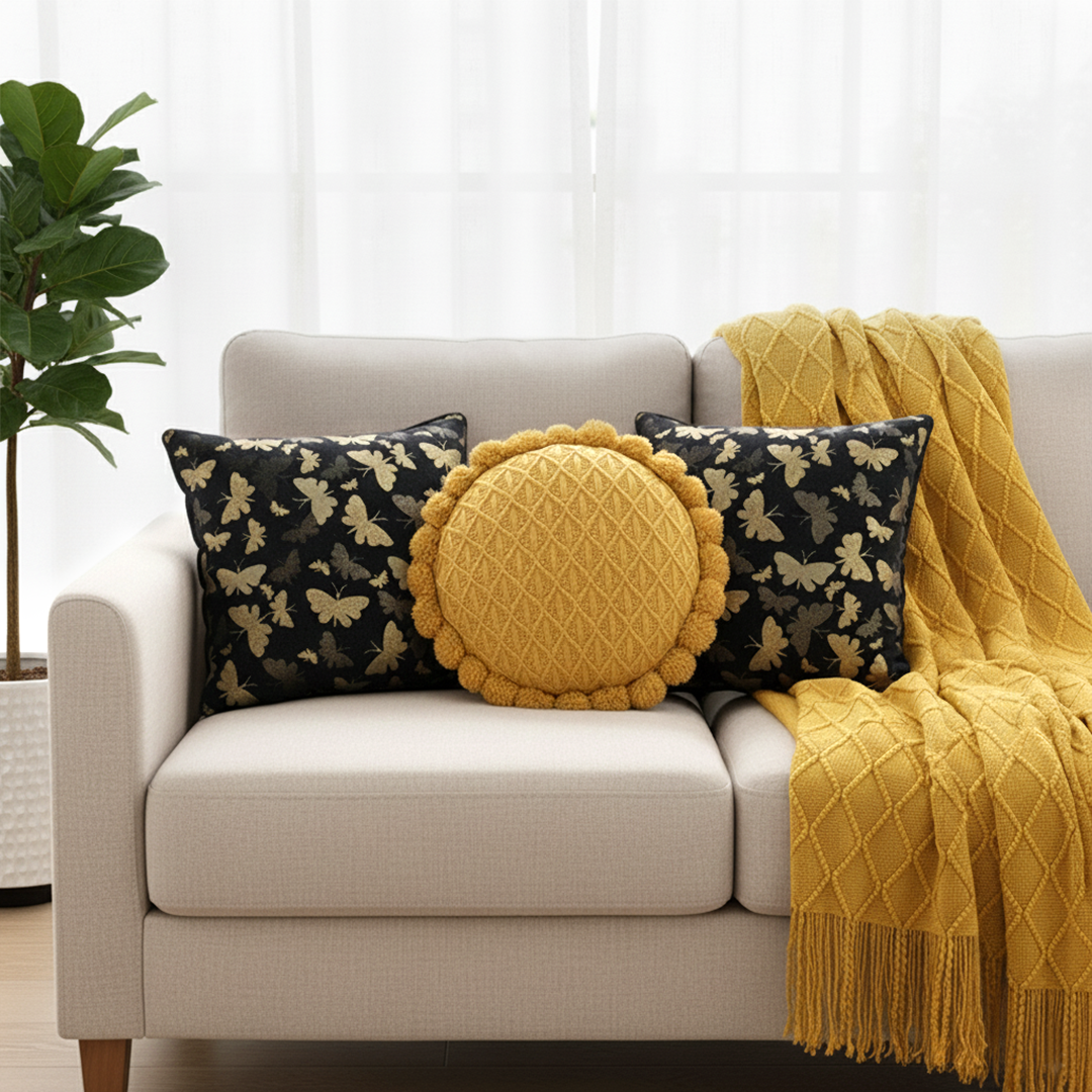 SOGA 4PC Yellow Diamond Knitted Throw Blanket with Tassels, 2x 45cm Vintage Butterfly & 45cm Quilted Luxury Pillowcases