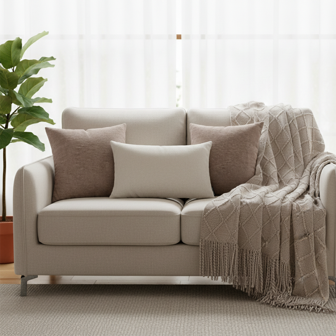 SOGA 4PC Set – Coffee Diamond Knitted Throw with Tassels + Brown Pillowcases & White Lumbar Pillow – Cozy Stylish Decor