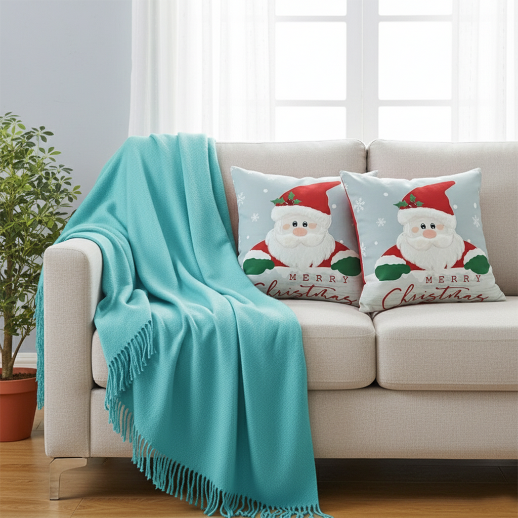 SOGA 4PC Holiday Set – Teal Knit Throw Blanket with Christmas & Light Blue Pom-Pom Pillow Covers