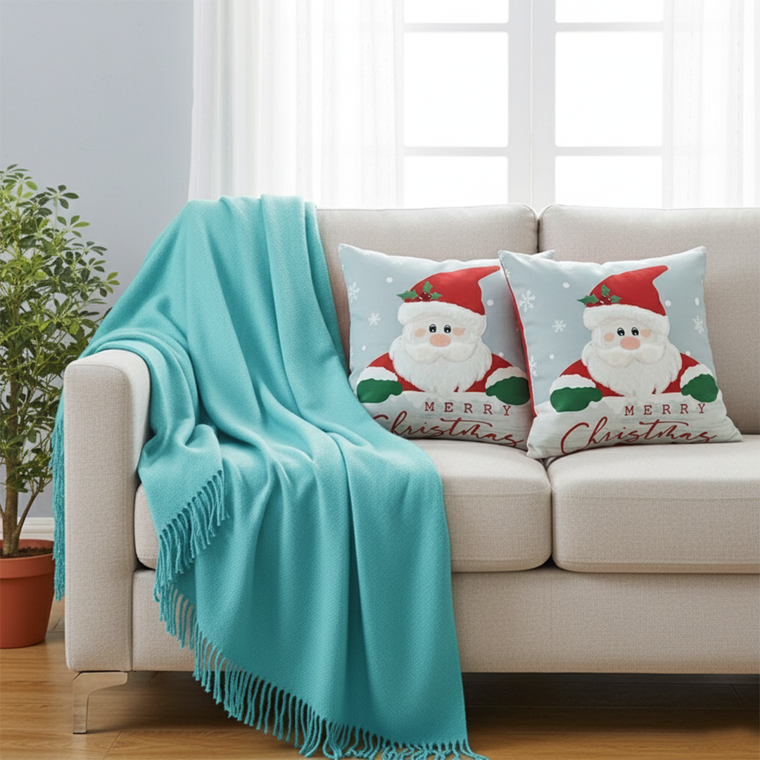 SOGA 4PC Holiday Set – Teal Knit Throw Blanket with Christmas & Light Blue Pom-Pom Pillow Covers