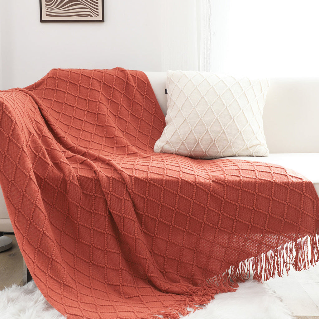 SOGA 2X Diamond Pattern Knitted Throw Blanket – Warm Cozy Woven Cover with Tassels for Couch, Bed, Sofa, Home Decor, Red
