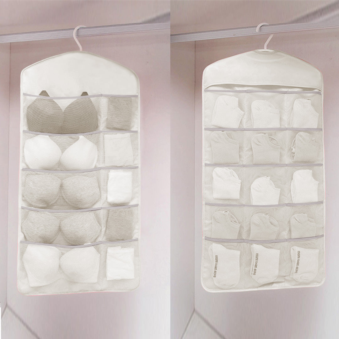 SOGA Beige Double Sided Hanging Storage Bag Underwear Bra Socks Mesh Pocket Hanger Home Organiser