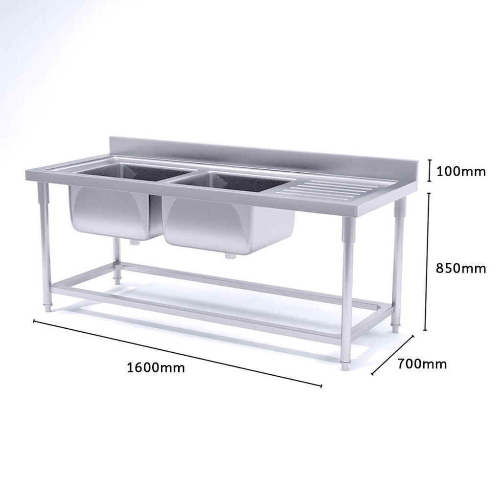 SOGA Stainless Steel Double Sink Bowl Work Bench Commercial Restaurant Food Prep 160*70*85cm