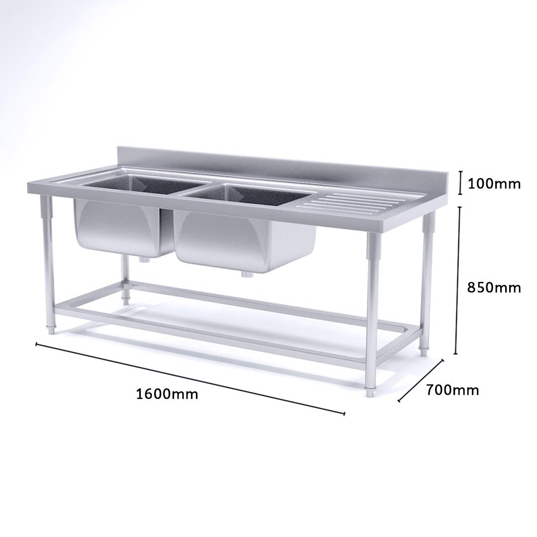 SOGA Stainless Steel Double Sink Bowl Work Bench Commercial Restaurant Food Prep 160*70*85cm