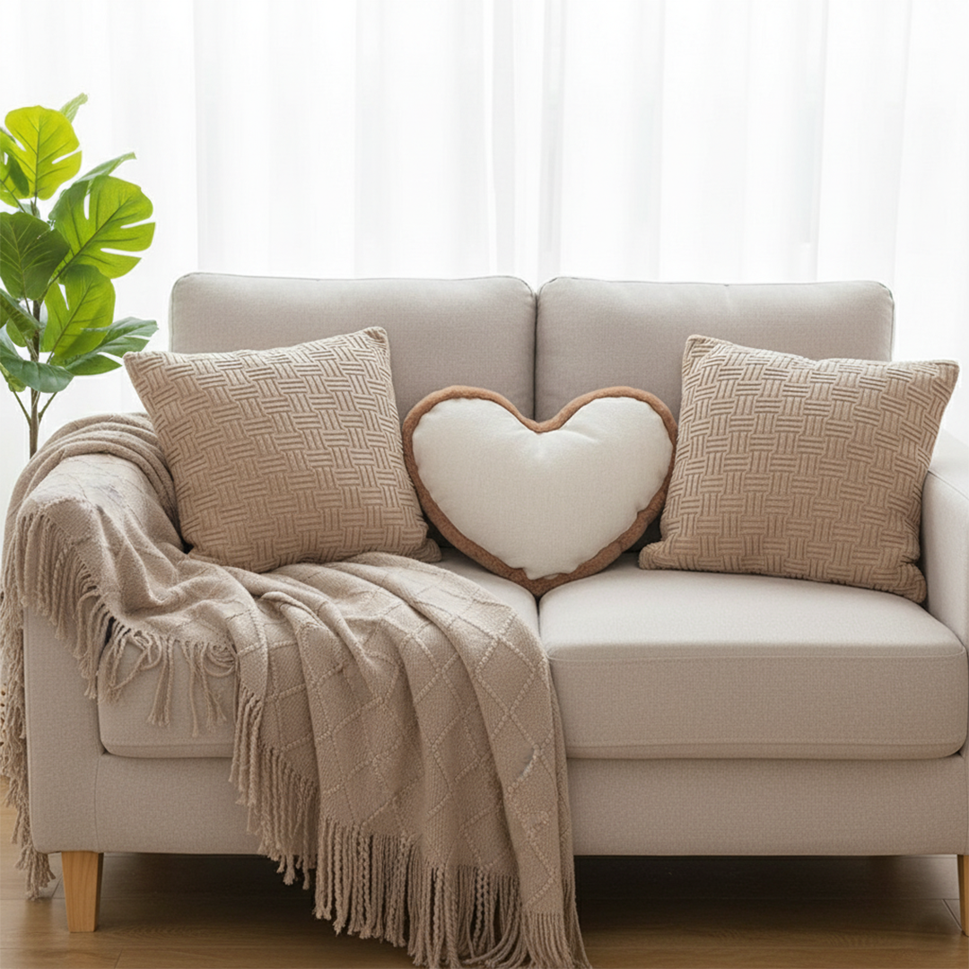 SOGA 4PC Set – Coffee Diamond Knitted Throw with Tassels + Taupe Grid Pillowcases & Heart Plush Pillow – Cozy Neutral Decor
