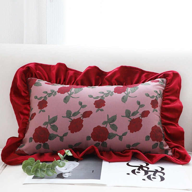 SOGA 30x50cm Rose Print Pillow Cover with Red Ruffle Border