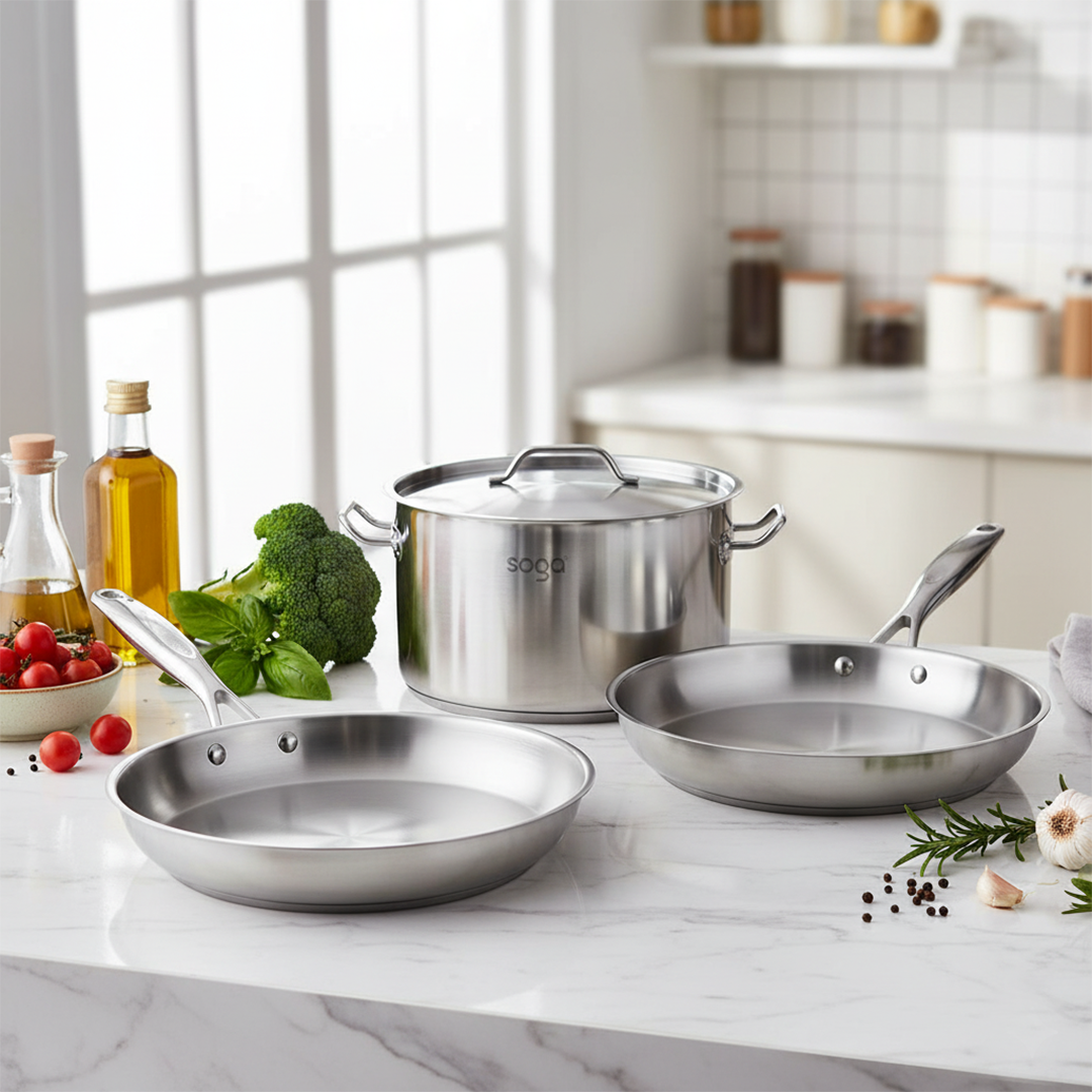 SOGA Essential Cooking Set – Stainless Steel Fry Pans (24cm & 28cm) + 17L Stock Pot, Silver