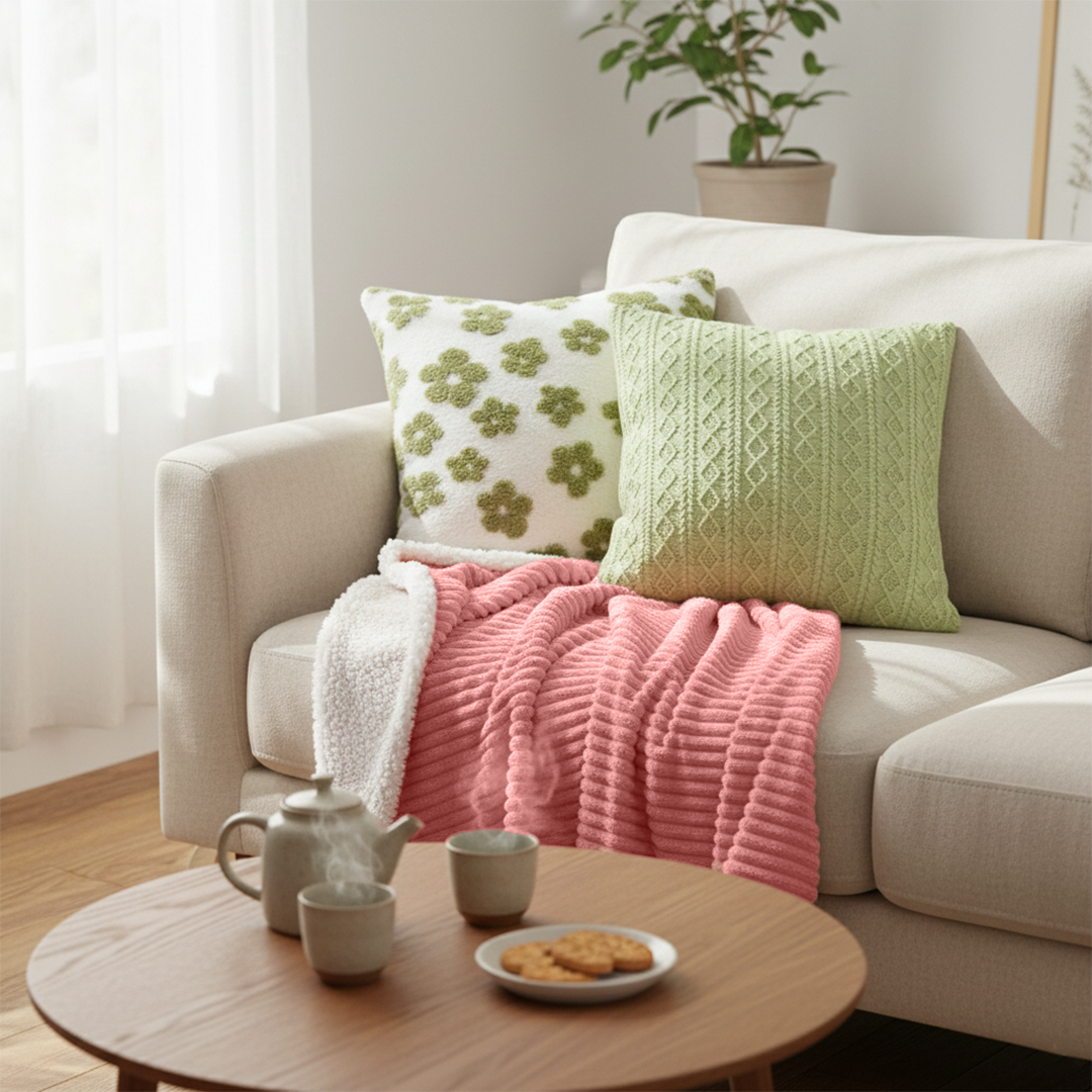 SOGA 3PC Cozy Set – Pink Flannel Throw Blanket with Decorative Pillow Covers (Garden Bloom & Cable Knit Fresh Design)