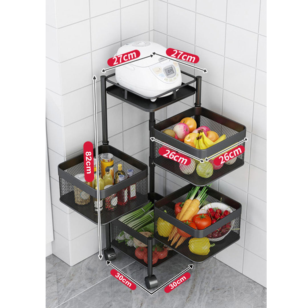 SOGA 4 Tier Steel Square Rotating Kitchen Cart Multi-Functional Shelves Portable Storage Organizer with Wheels