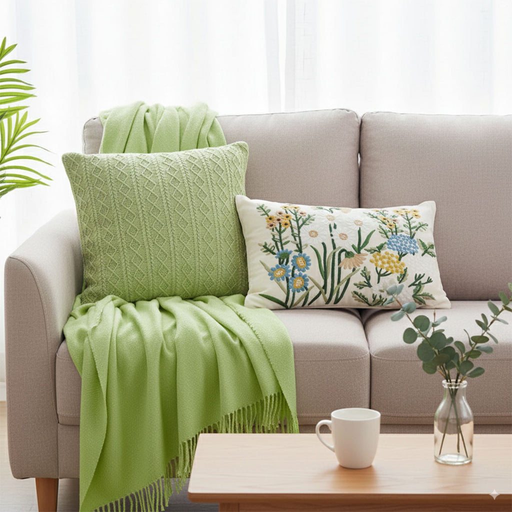 SOGA 3PC Cozy Living Set – Green Knitted Throw Blanket with Decorative Pillow Covers (Cable Knit & Botanical Meadow Design)