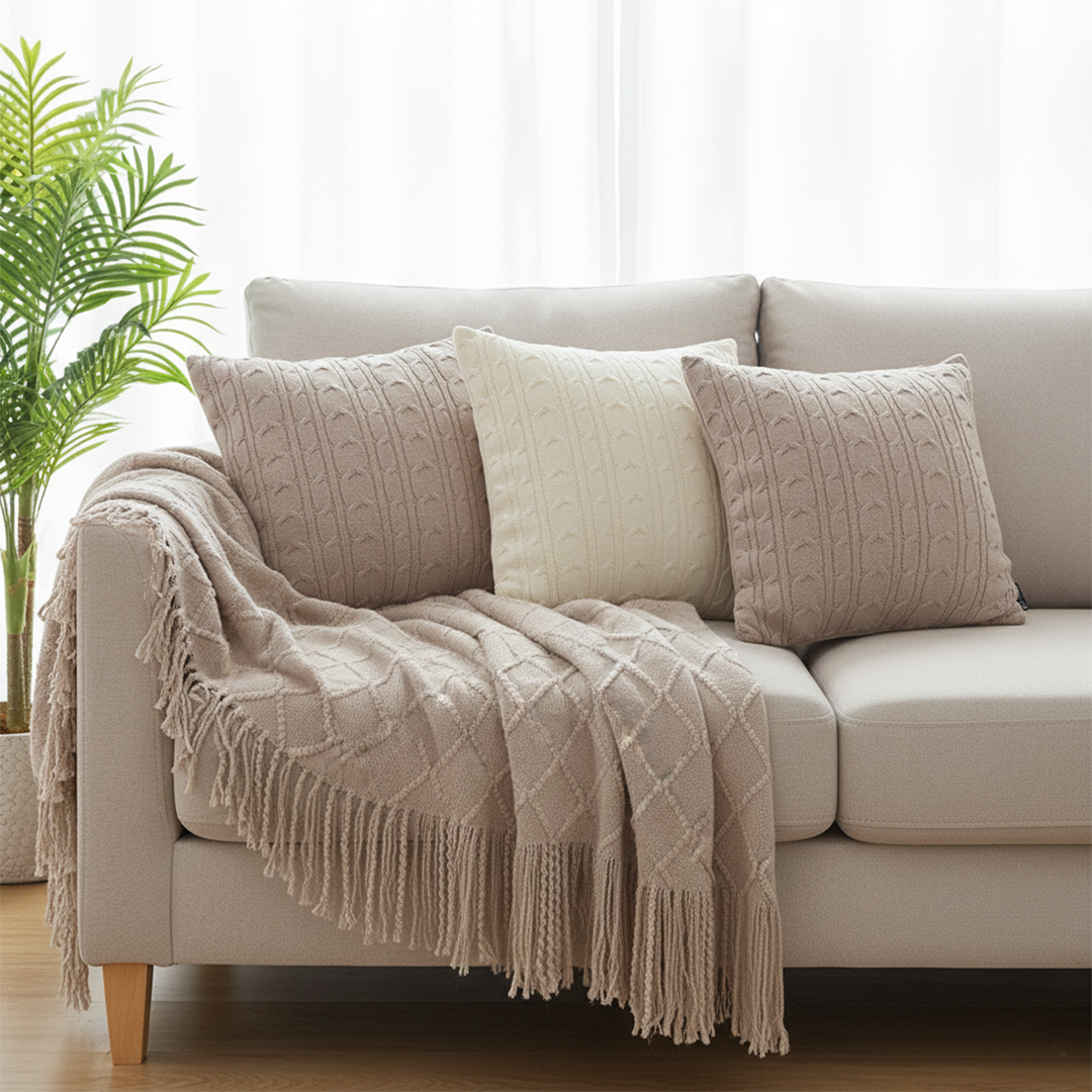 SOGA 4PC Set – Coffee Diamond Knitted Throw with Tassels + Dusty Rose & Cream Cable Knit Pillowcases – Cozy Decor
