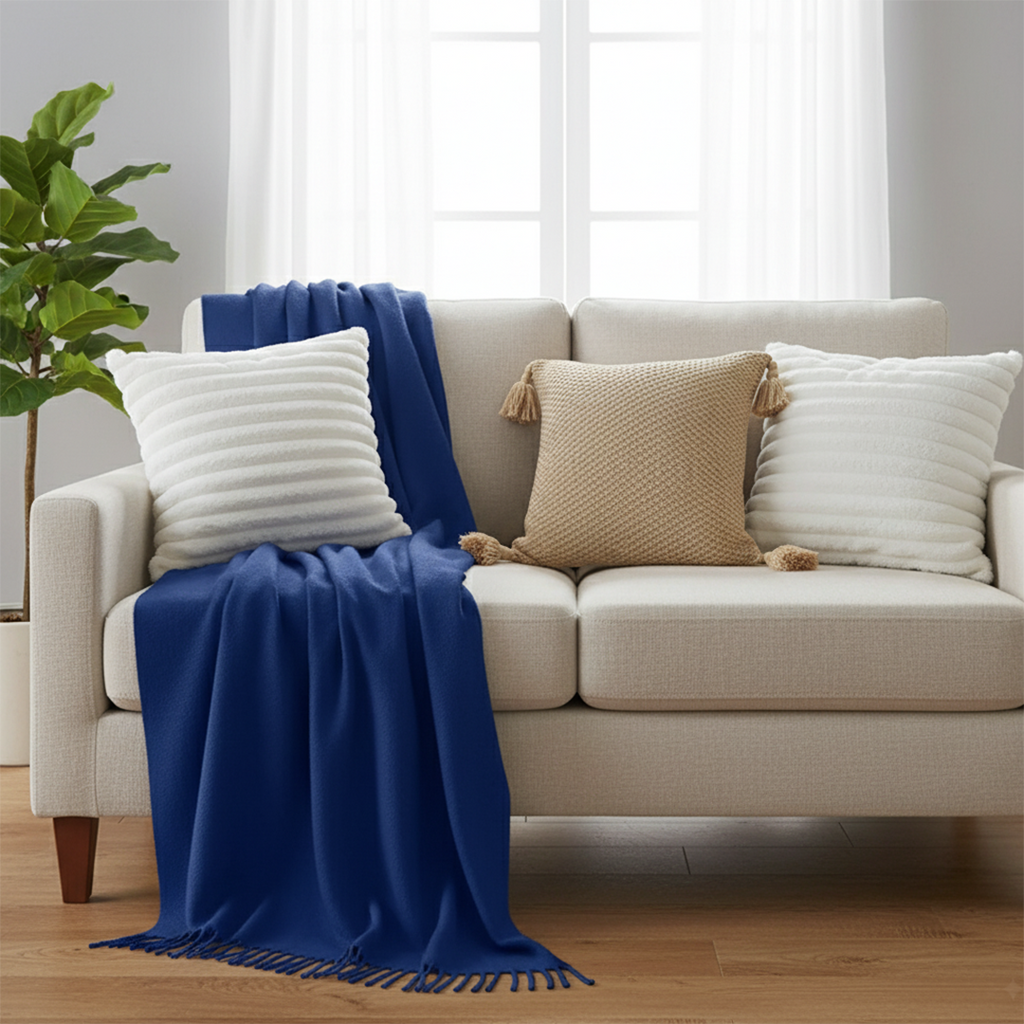 SOGA 5PC Set – Royal Blue Knitted Throw with Fringes + Beige Chunky Knit & White Textured Pillowcases