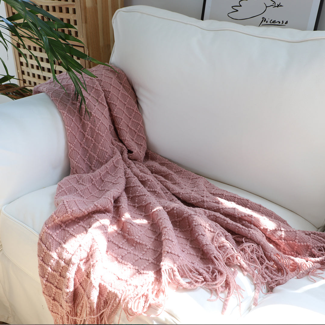 SOGA 2X  Pink Diamond Pattern Knitted Throw Blanket Warm Cozy Woven Cover Couch Bed Sofa Home Decor with Tassels