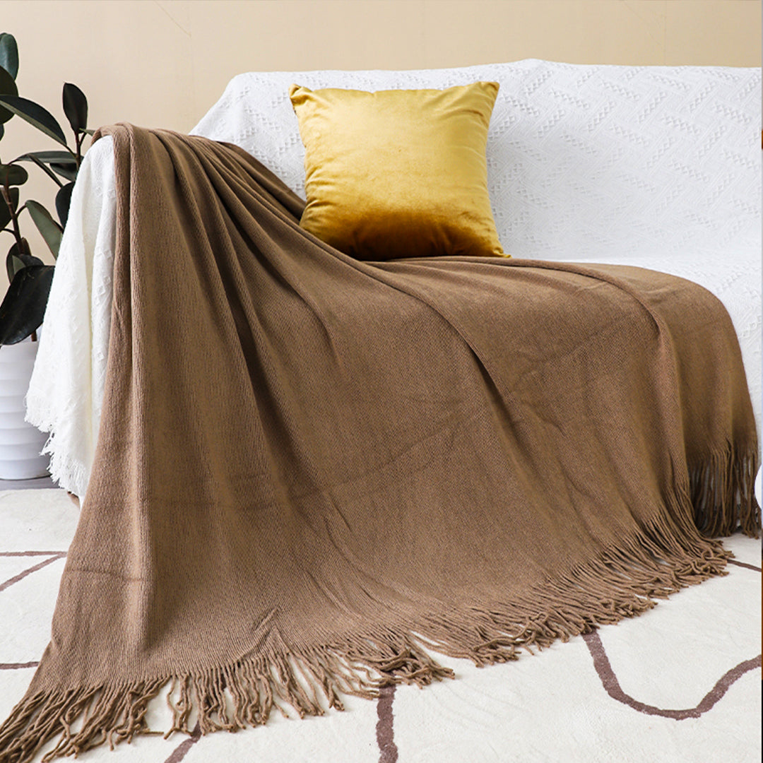 SOGA 2X Coffee Acrylic Knitted Throw Blanket Solid Fringed Warm Cozy Woven Cover Couch Bed Sofa Home Decor