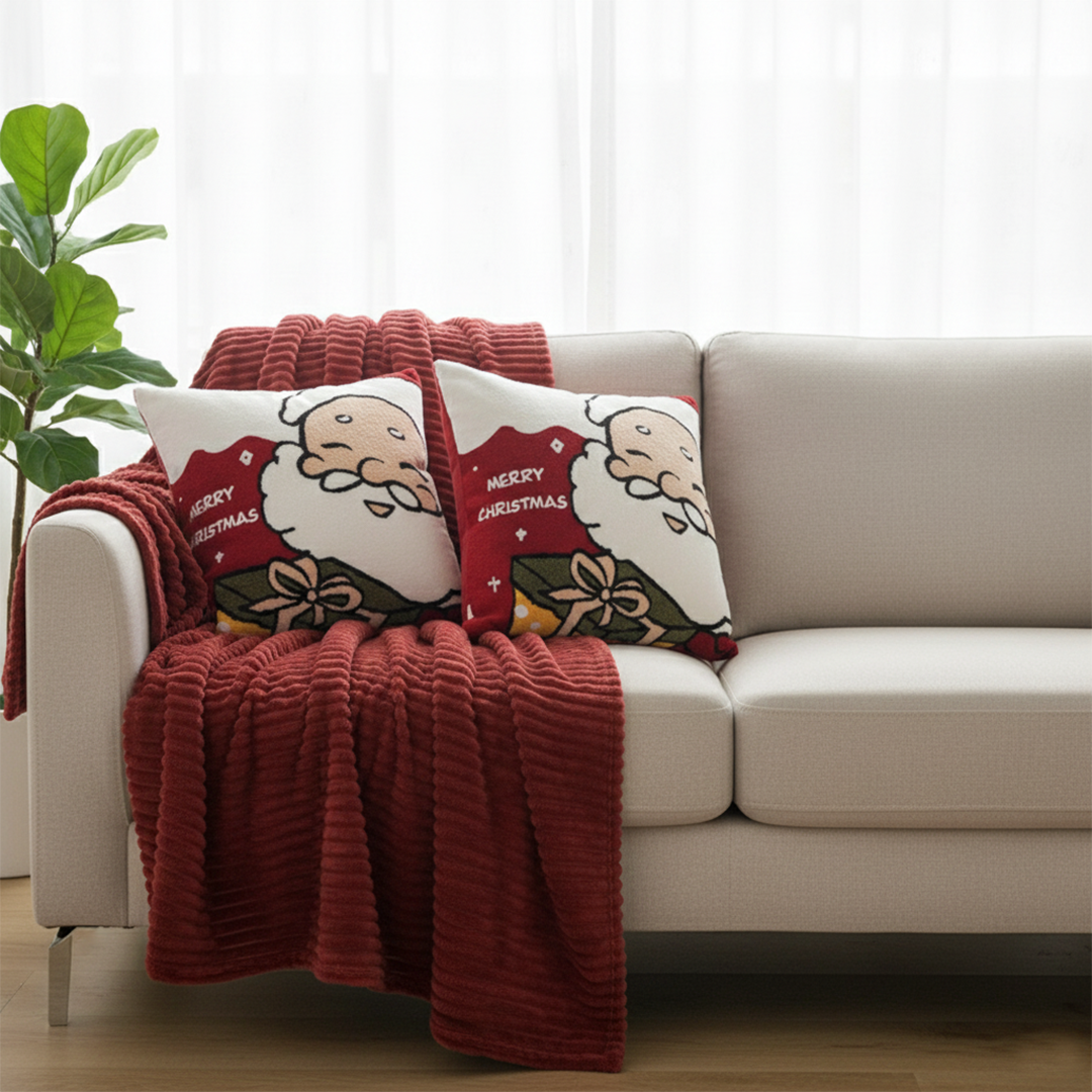 SOGA 3PC Christmas Set – Striped Flannel Throw Blanket with 2 Embroidered Santa Claus Pillow Covers