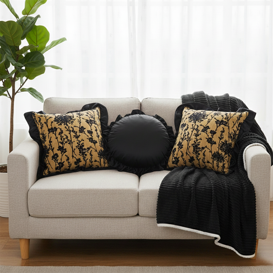SOGA 4PC Set – Flannel Throw Blanket + Black & Gold Velvet Pillowcases & Lotus Round Pillow – Cozy Luxury Home Decor
