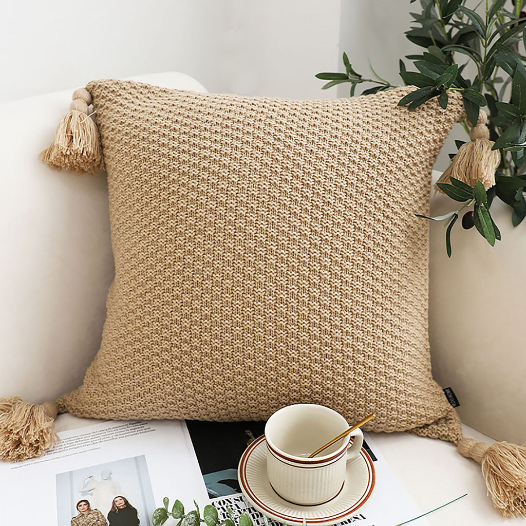 SOGA 2x 50CM Light Brown Pillow with Tassel Accents, Rizzy Transitional Cover Throw Pillow