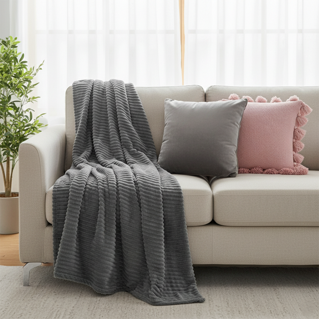 SOGA 3PC Cozy Set – Gray Striped Flannel Throw Blanket with Pillow Covers (Velvet Dove Gray + Soft Pink Pom-Pom Design)
