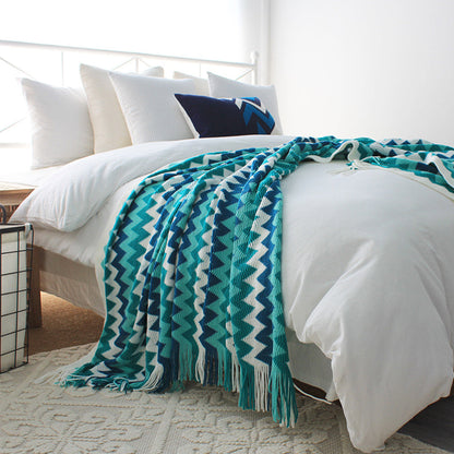 SOGA 220cm Blue Zigzag Striped Throw Blanket Acrylic Wave Knitted Fringed Woven Cover Couch Bed Sofa Home Decor