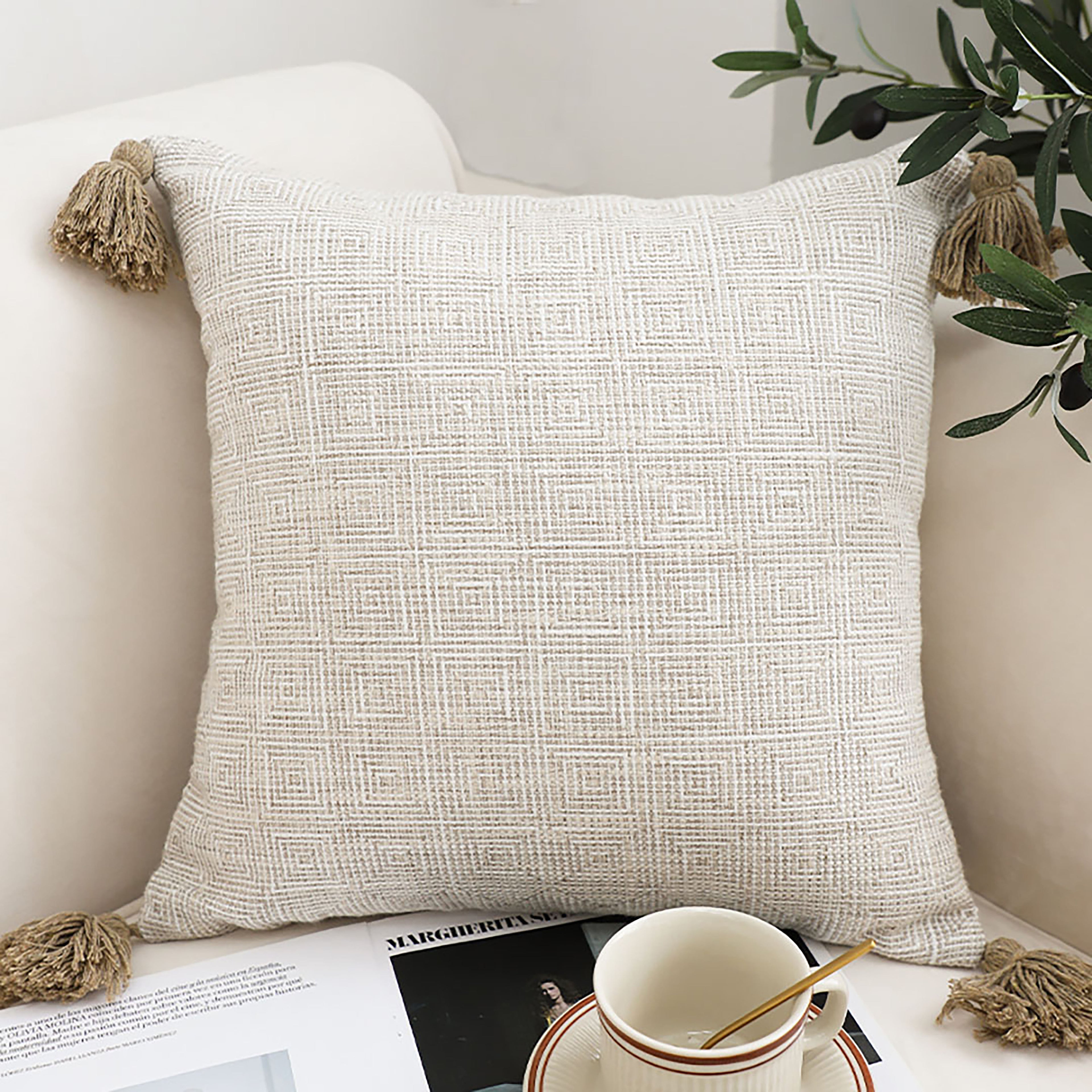 SOGA 50cm Beige Pillow Textured Throw Cover, Luxurious Rib Knit Ribbed Cotton Throw Pillow