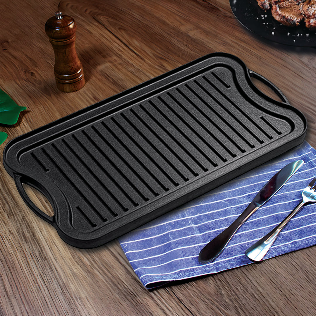 SOGA 2X 50.8cm Cast Iron Ridged Griddle Hot Plate Grill Pan BBQ Stovetop