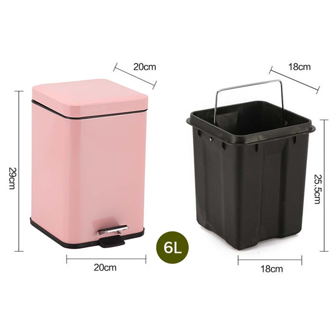 SOGA Foot Pedal Stainless Steel Rubbish Recycling Garbage Waste Trash Bin Square 6L Pink