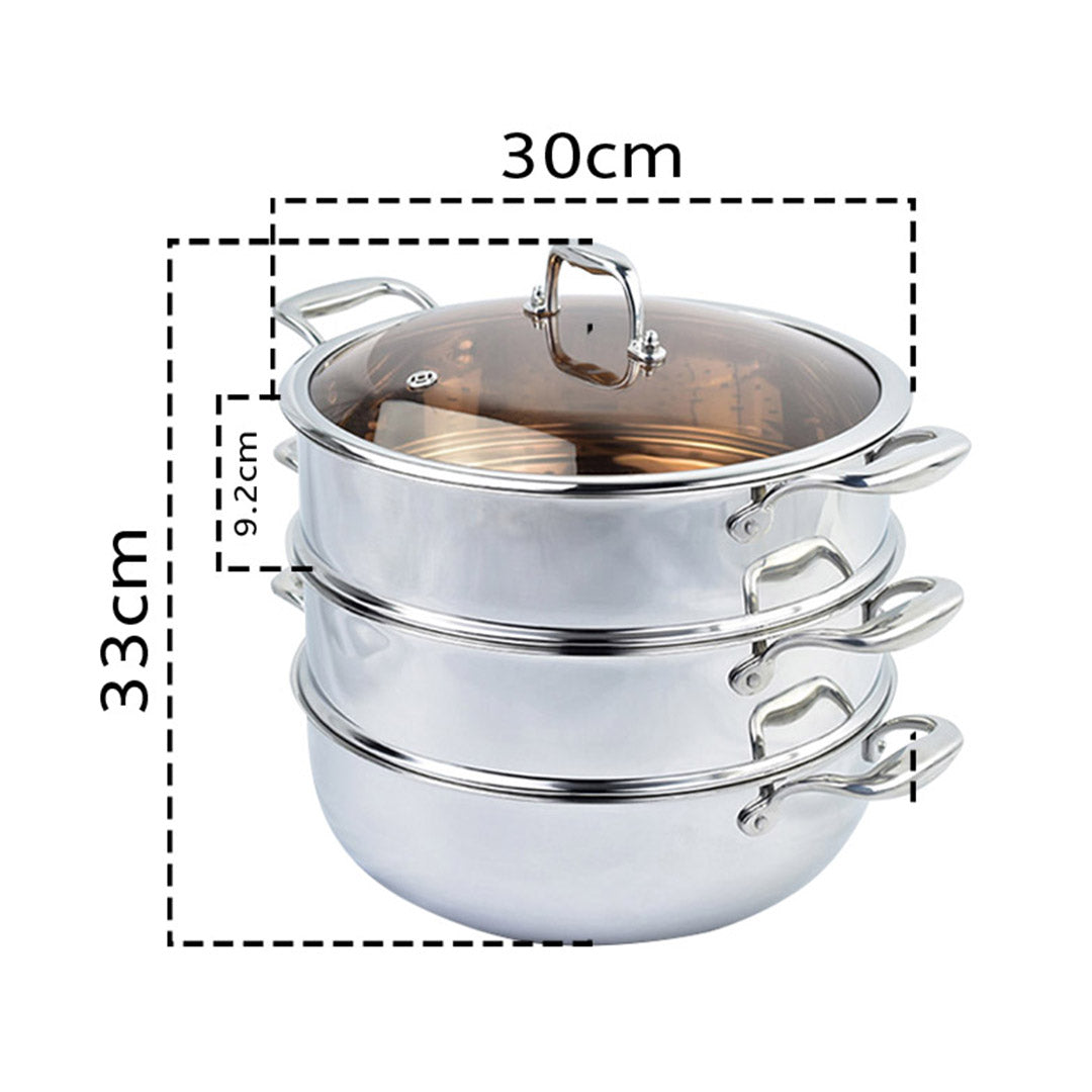 SOGA 3 Tier 30cm Heavy Duty Stainless Steel Food Steamer Vegetable Pot Stackable Pan Insert with Glass Lid