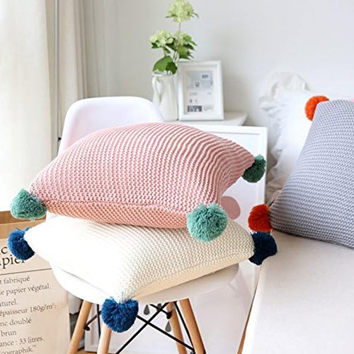 SOGA 2X 45cm Dusty Rose Ribbed Knit Pillowcase with Colorful Pom-Poms