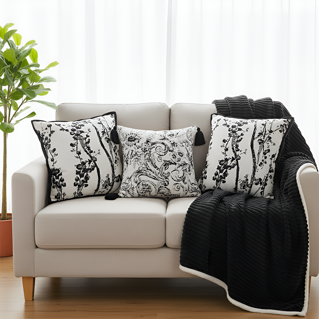 SOGA 4PC Set – Flannel Throw Blanket + Abstract & Botanical Black White Pillowcases – Cozy Modern Decor
