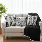 SOGA 4PC Set – Flannel Throw Blanket + Abstract & Botanical Black White Pillowcases – Cozy Modern Decor