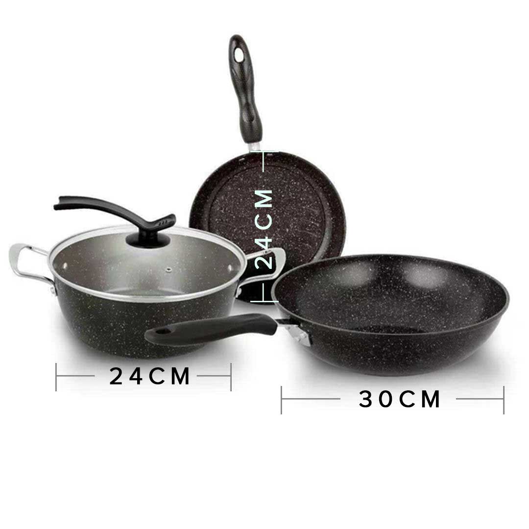 SOGA Ceramic Stone Coated Black 4pcs Pot & Pan Set - Cookware Induction Non Stick