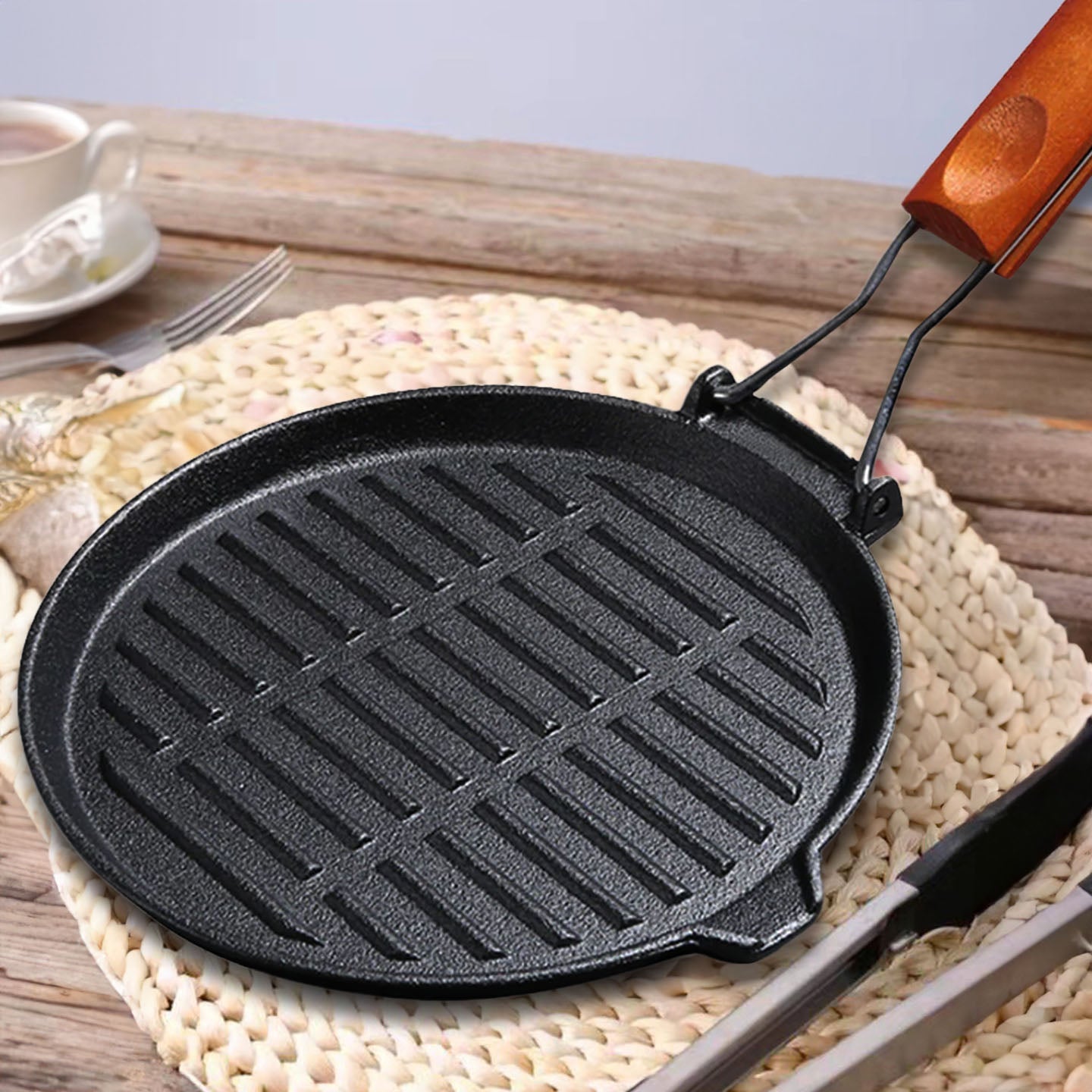 SOGA 2X 24cm Round Ribbed Cast Iron Steak Frying Grill Skillet Pan with Folding Wooden Handle