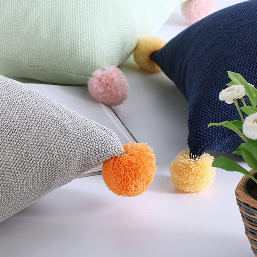 SOGA 45cm Ribbed Knit Pillowcase with Pom-Poms (Light Gray)