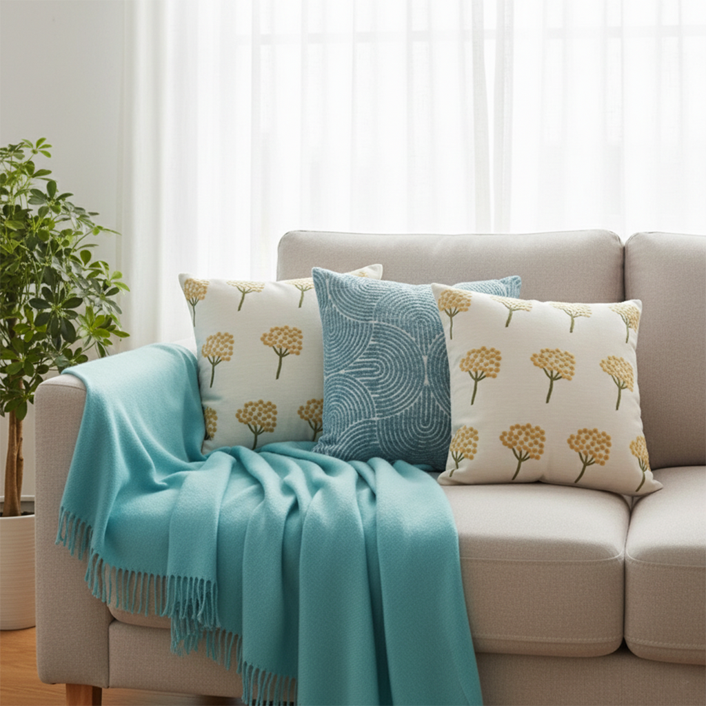 SOGA 5PC Set – Teal Knitted Throw Blanket with Sunny Dandelion & Blue Geometric Pillowcases – Cozy Home Decor